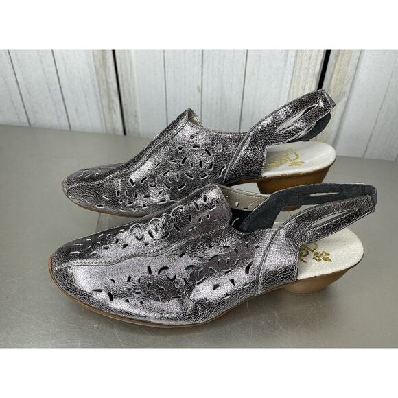 Rieker Leather Sandaly Comfort Heels Metallic Silver Size EU 41 US 10 - Picture 1 of 6